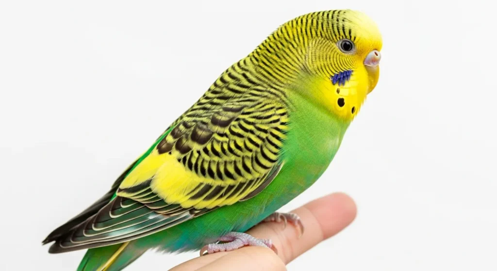 Close-up of a tame budgie bird for beginners.