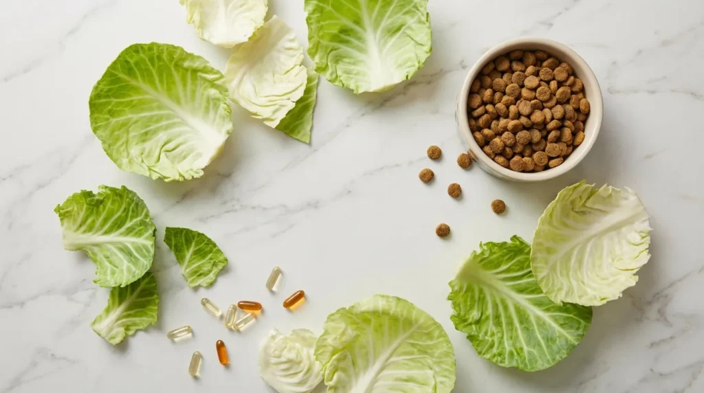 Cabbage leaves and vitamins arranged near a dog food bowl showing nutritional value