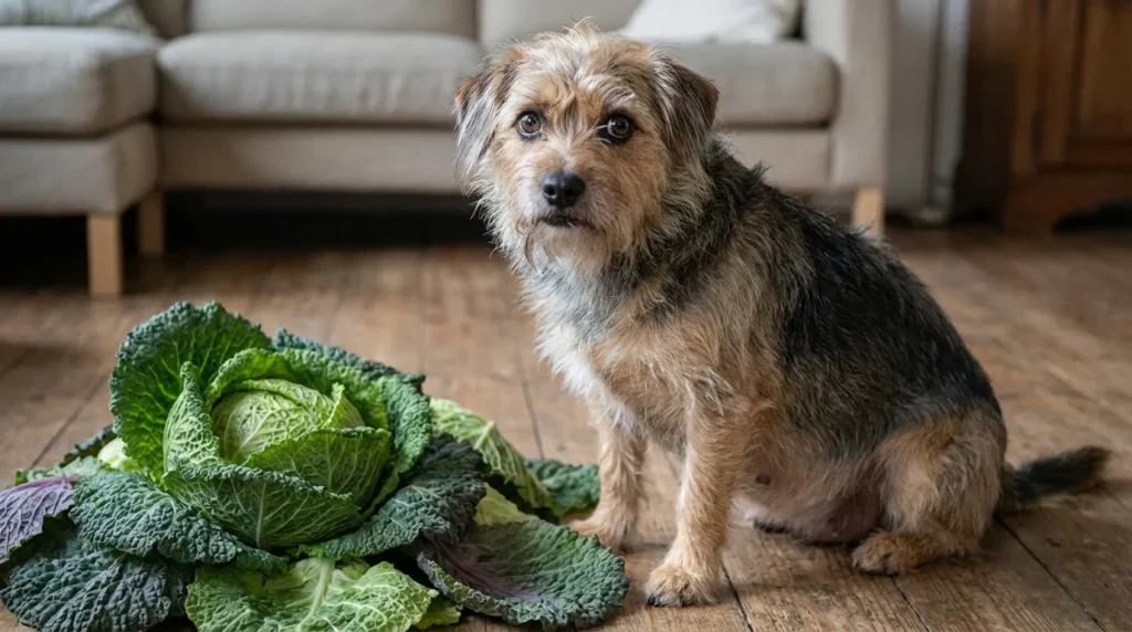 Small dog with bloated posture sitting next to raw cabbage leaves