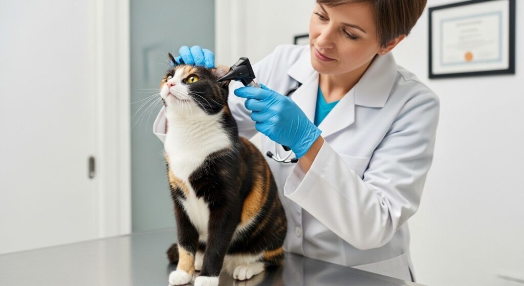 Calico cat being examined by a veterinarian.