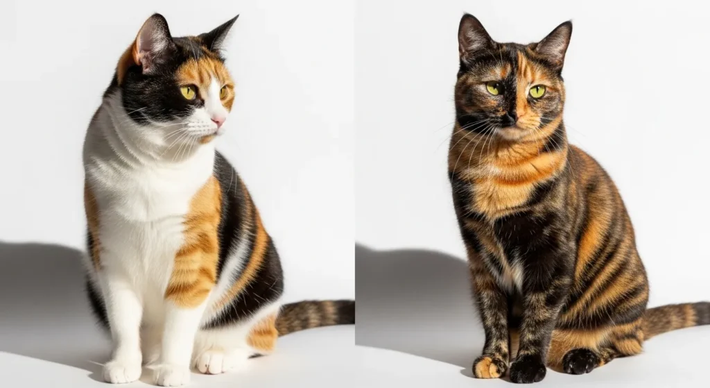 Calico cat and tortoiseshell cat side by side showing coat color differences