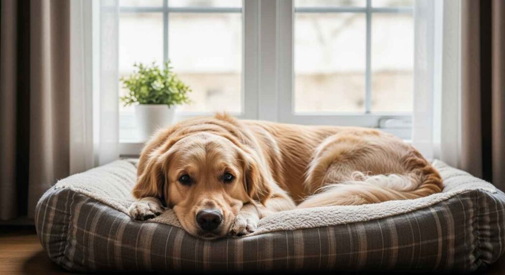 Golden retriever relaxed in a soft bed by a window.
