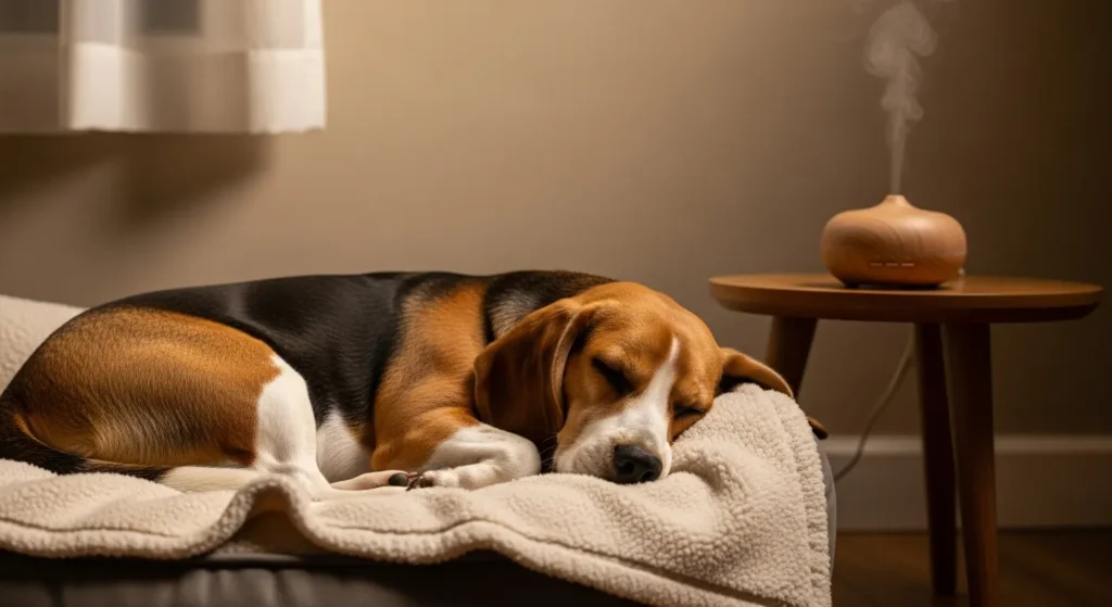 Peaceful dog near diluted lavender oil