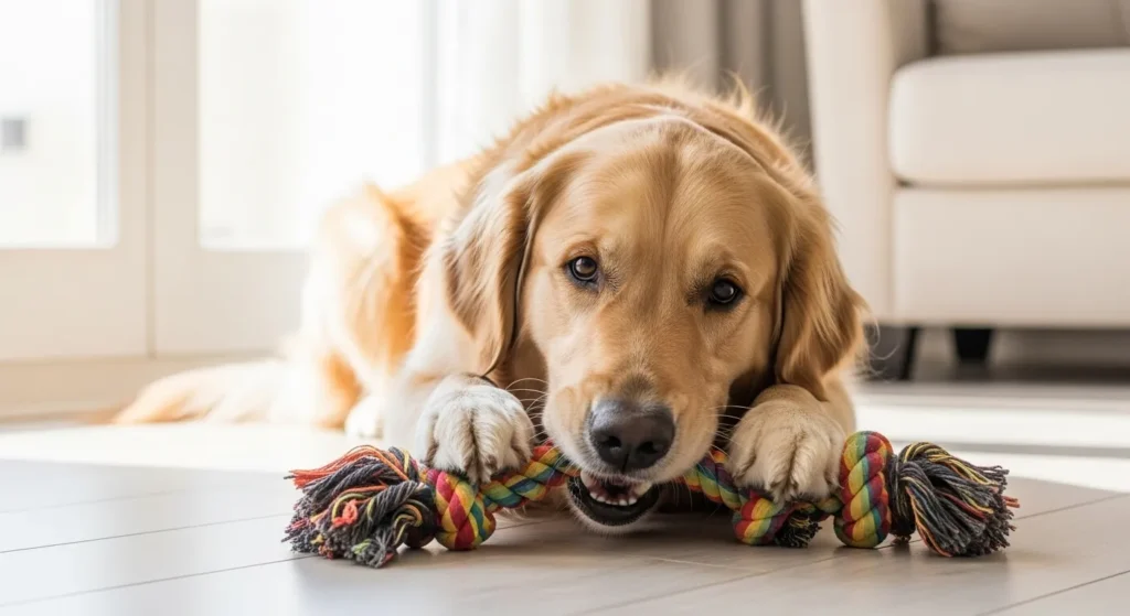 Dog playing quietly with toy