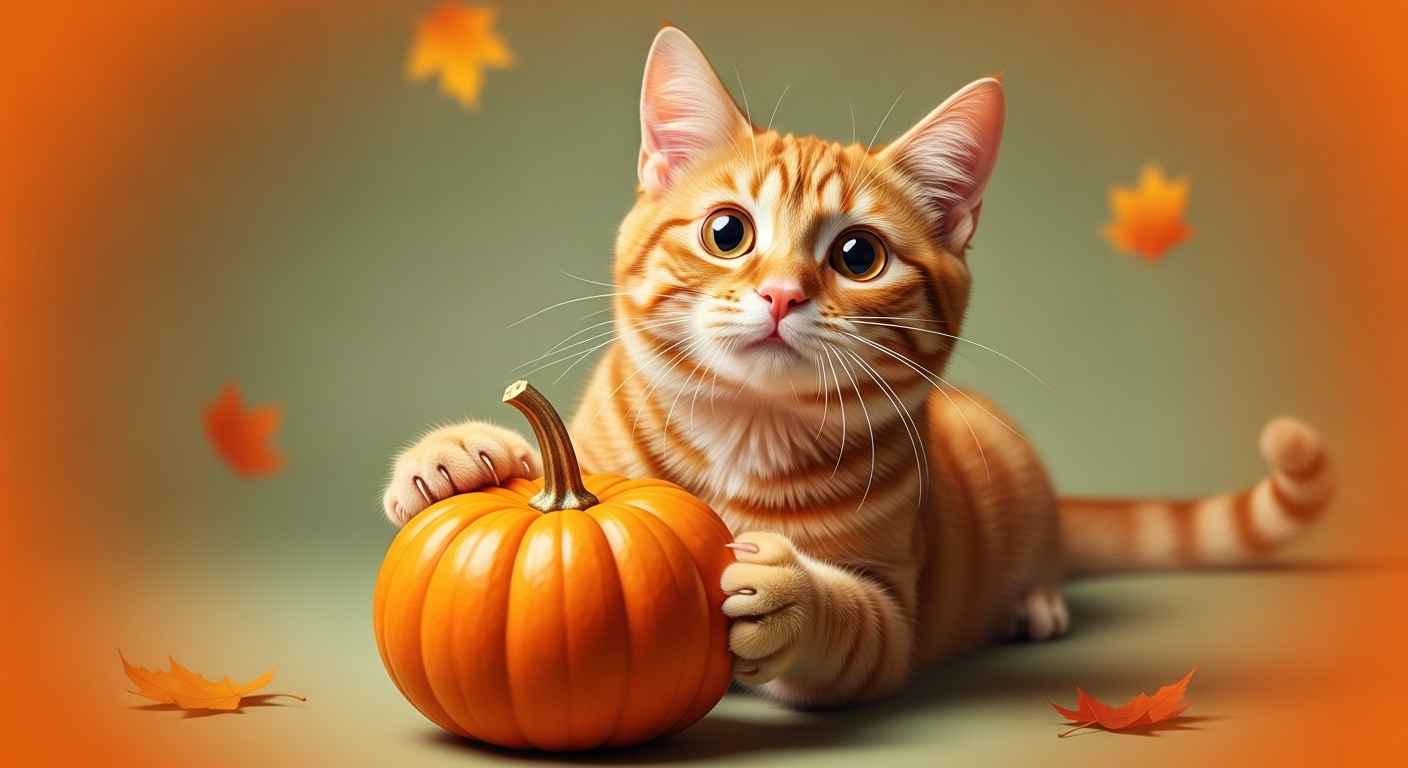 Orange tabby cat pawing at pumpkin for cat food guide.