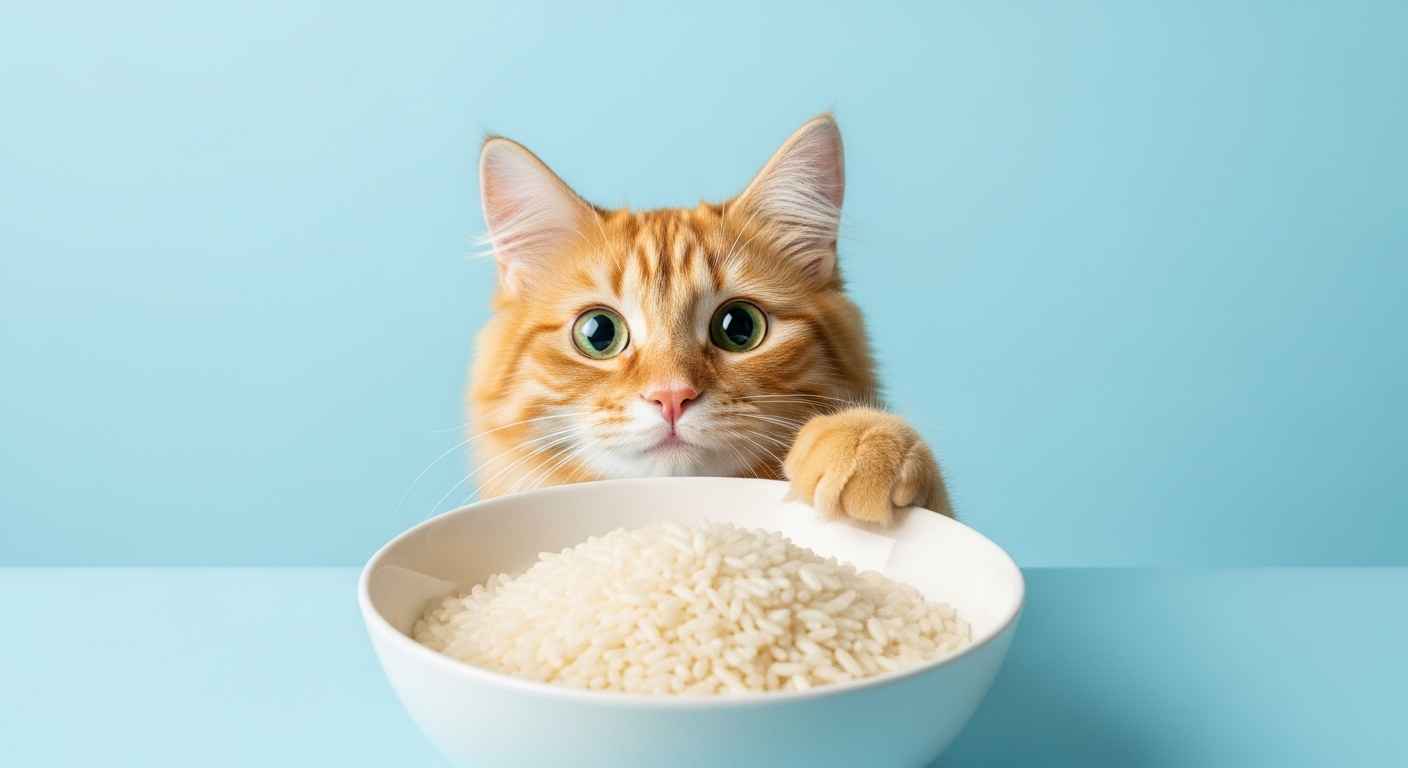 Cat looking at rice bowl safely.