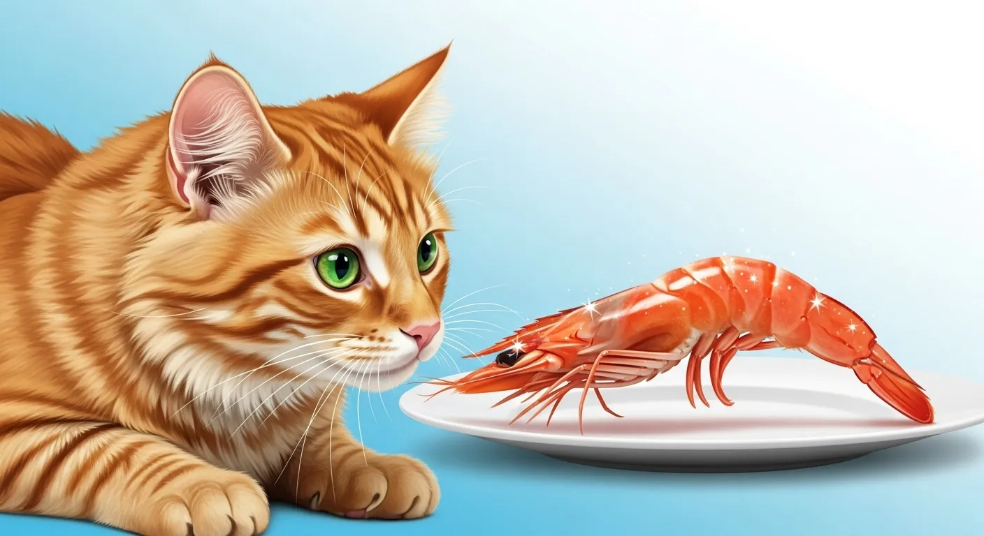 Curious cat with shrimp for pet diet guide.