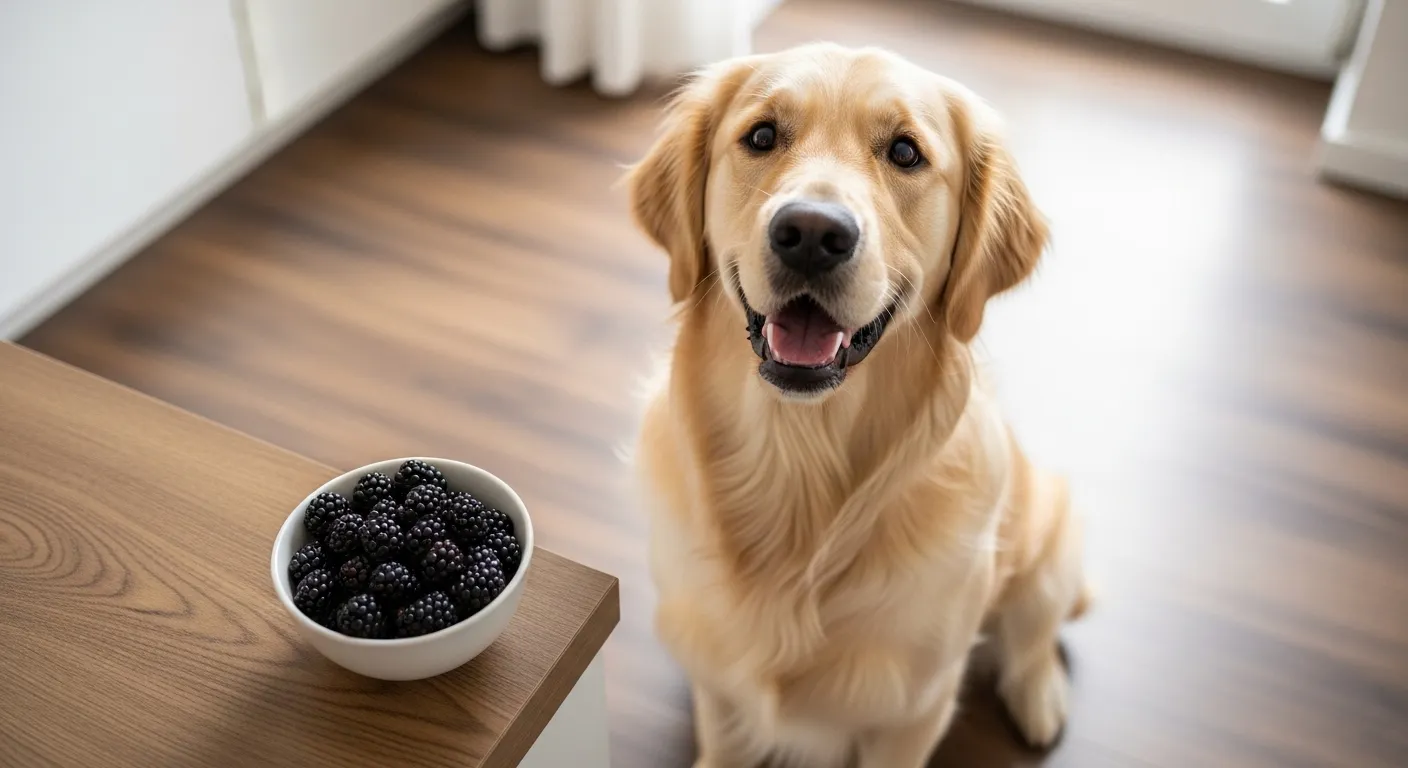 Golden retriever looking at a bowl of fresh blackberries on a kitchen floor
