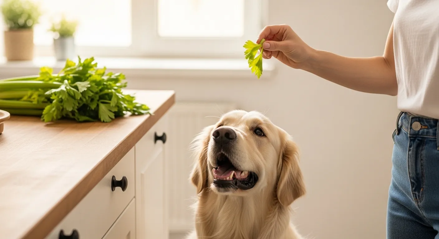 Golden retriever looking up at a piece of celery being offered by a hand in a bright kitchen