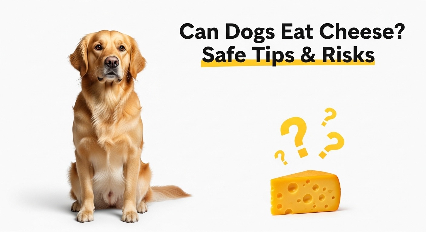 Golden retriever looking at cheddar cheese wedge with question marks.