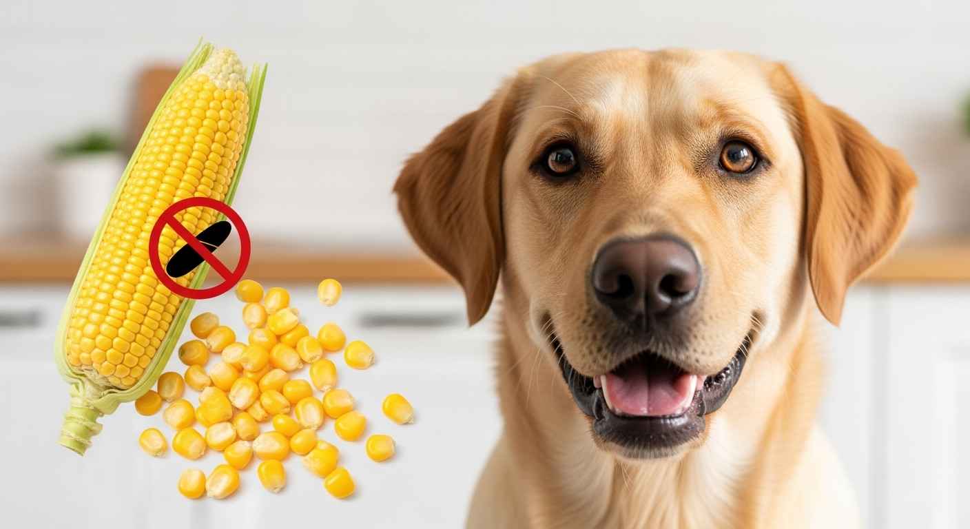 Golden retriever dog with corn kernels and corn cob showing safety vs danger