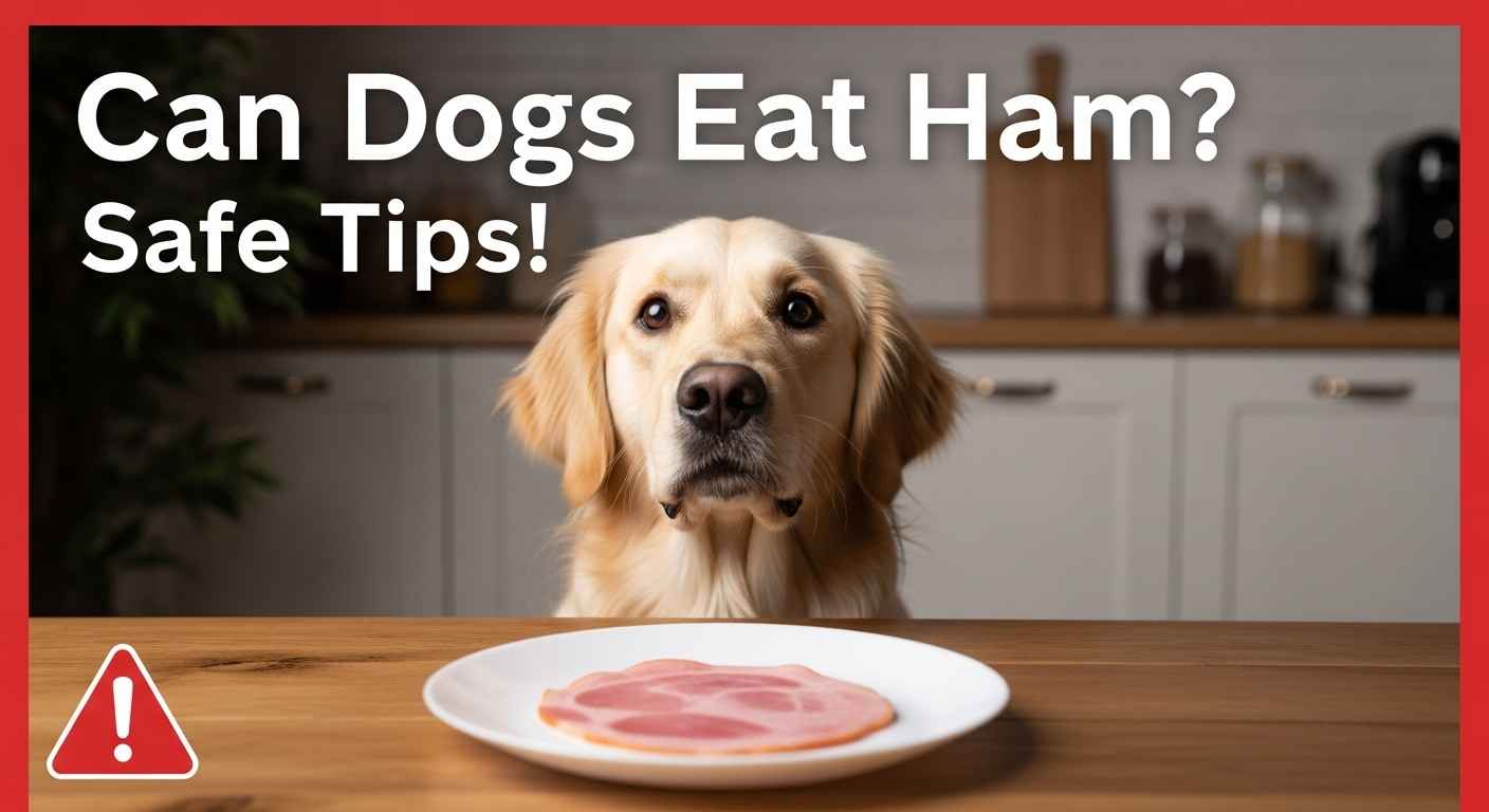 Golden retriever looking at ham slice with caution.
