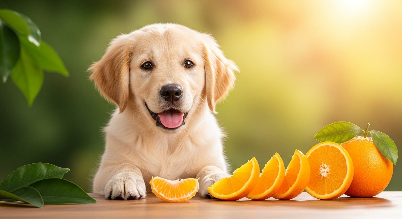 Cute dog with safe orange treats for pets.