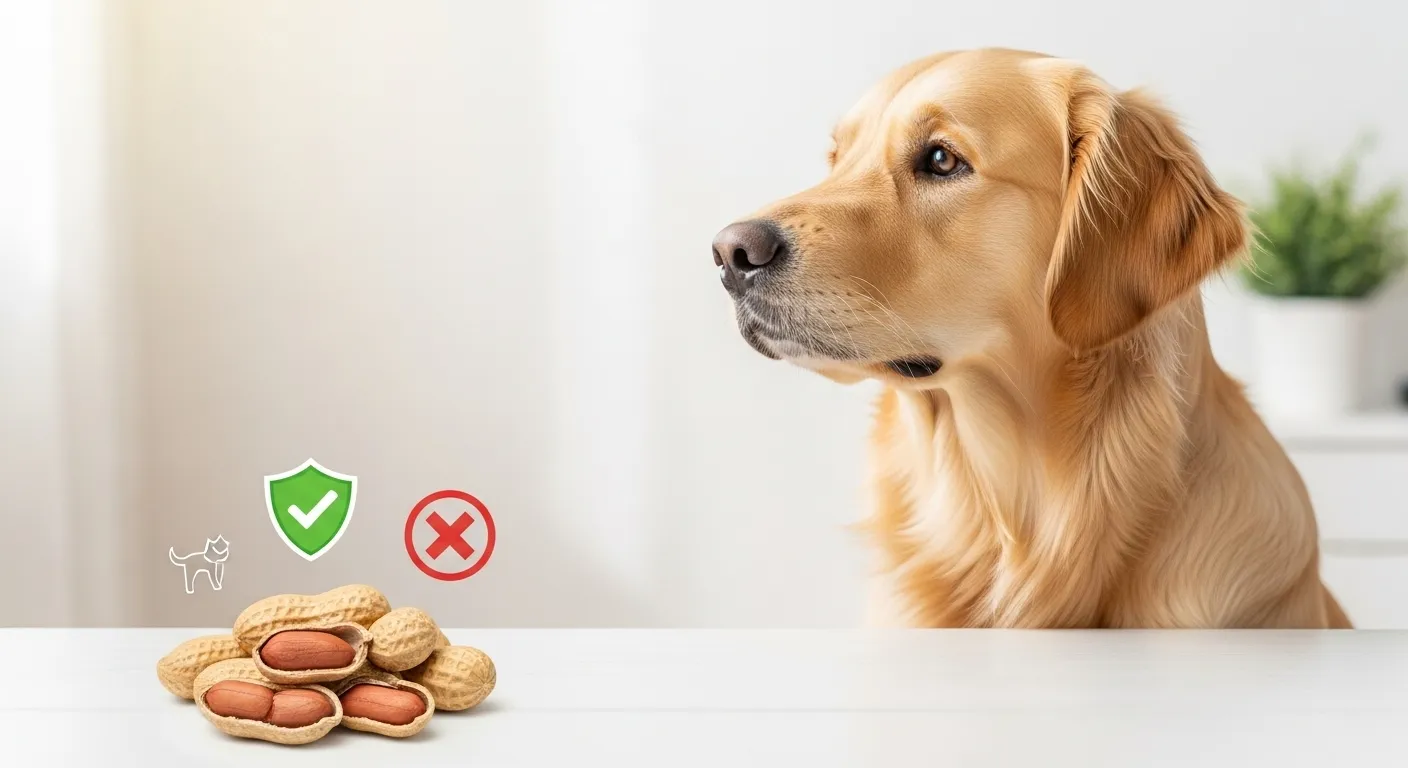 Golden retriever looking at peanuts with safety icons.