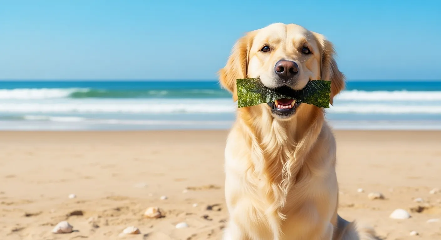 Golden retriever with seaweed in mouth on beach