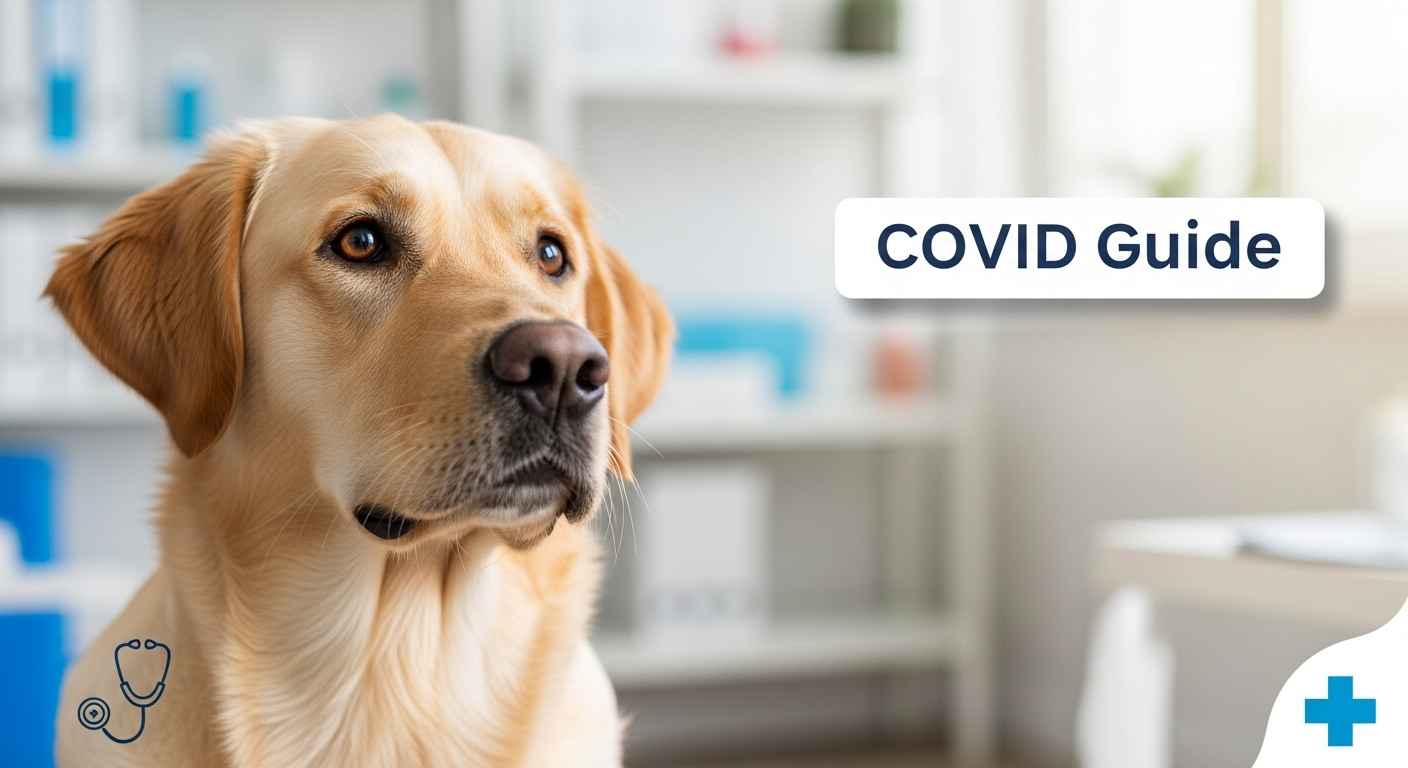 Golden retriever dog with veterinary health symbols representing COVID-19 safety guide for pets