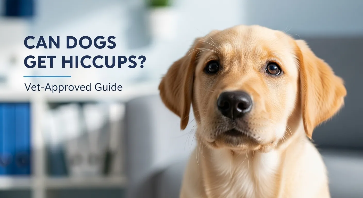 Cute puppy with surprised expression for dog hiccups guide blog post thumbnail
