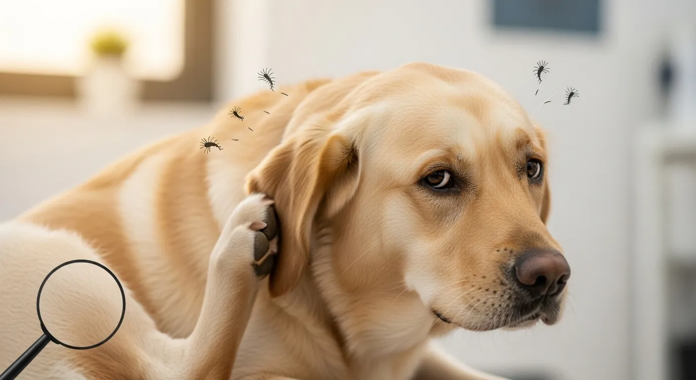Dog scratching due to lice with magnifying glass showing professional veterinary guidance