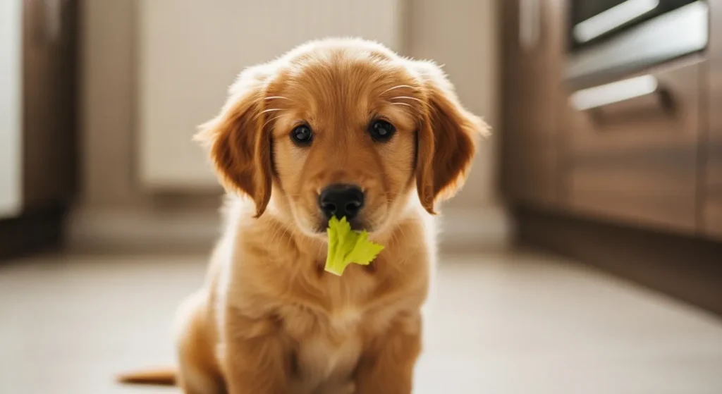 Small puppy sniffing a tiny piece of celery on a kitchen floor, illustrating safe celery feeding for puppies