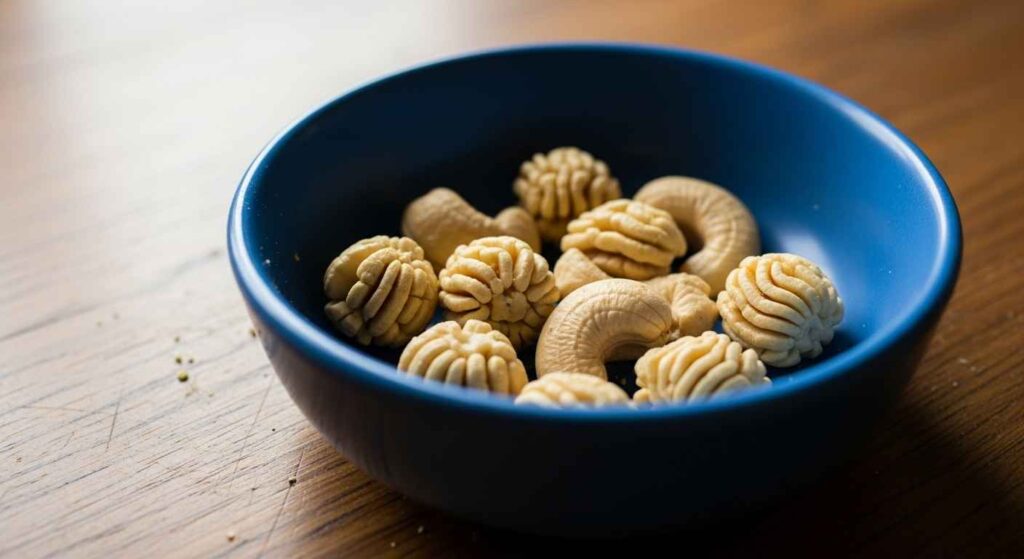 Chopped unsalted cashews in a dog bowl for safe feeding.