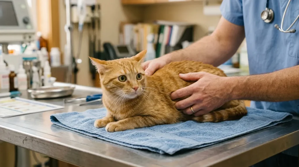 Veterinarian examining a cat that may be having an allergic reaction