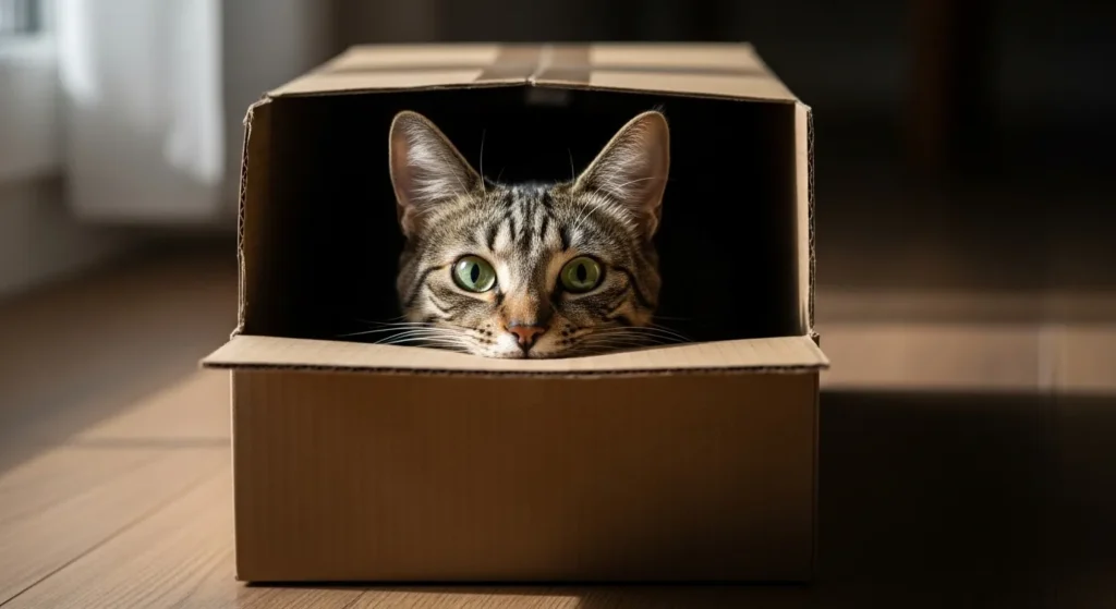 Cat crouching inside a cardboard box with eyes peering over the rim