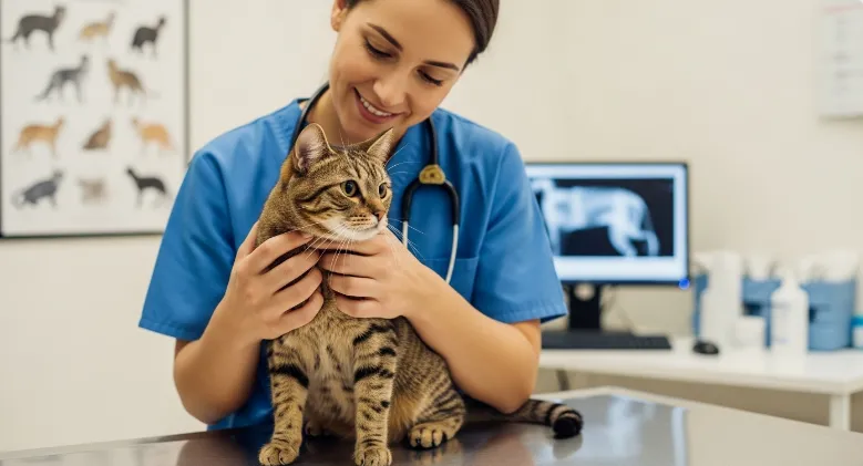 Veterinarian examining a cat for poisoning signs.