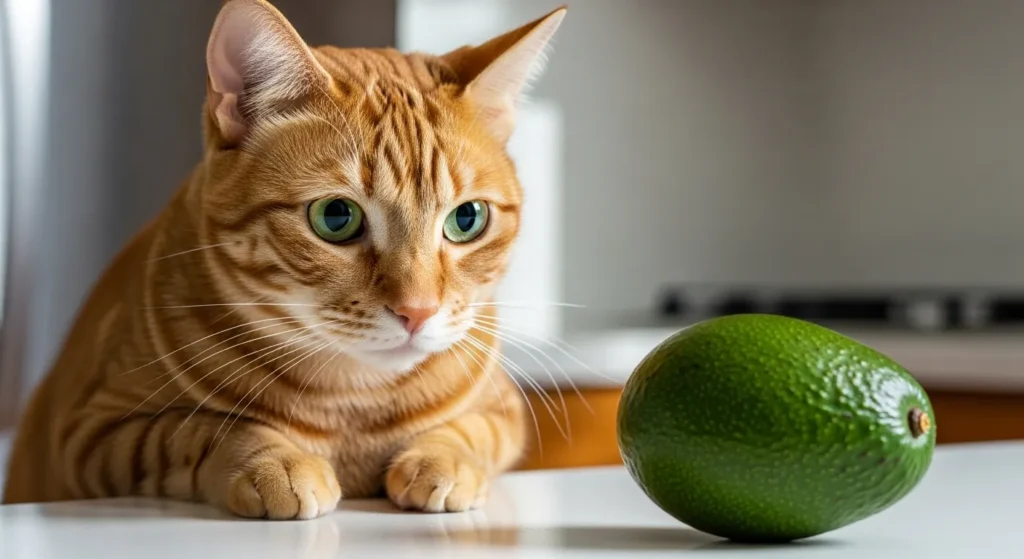 Cat looking at avocado fruit.