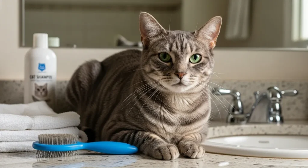 Cat next to bathing supplies in a bathroom.