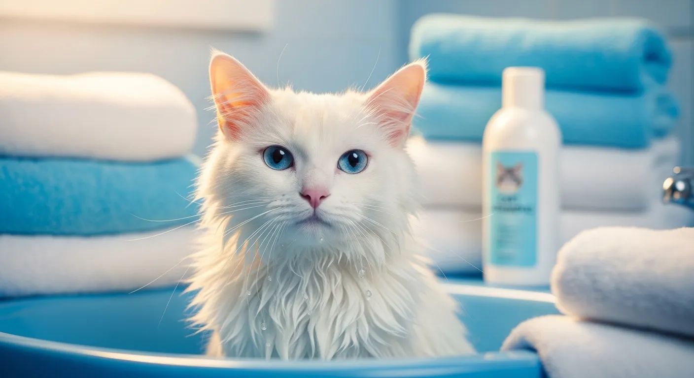Calm cat in sink during safe bath.