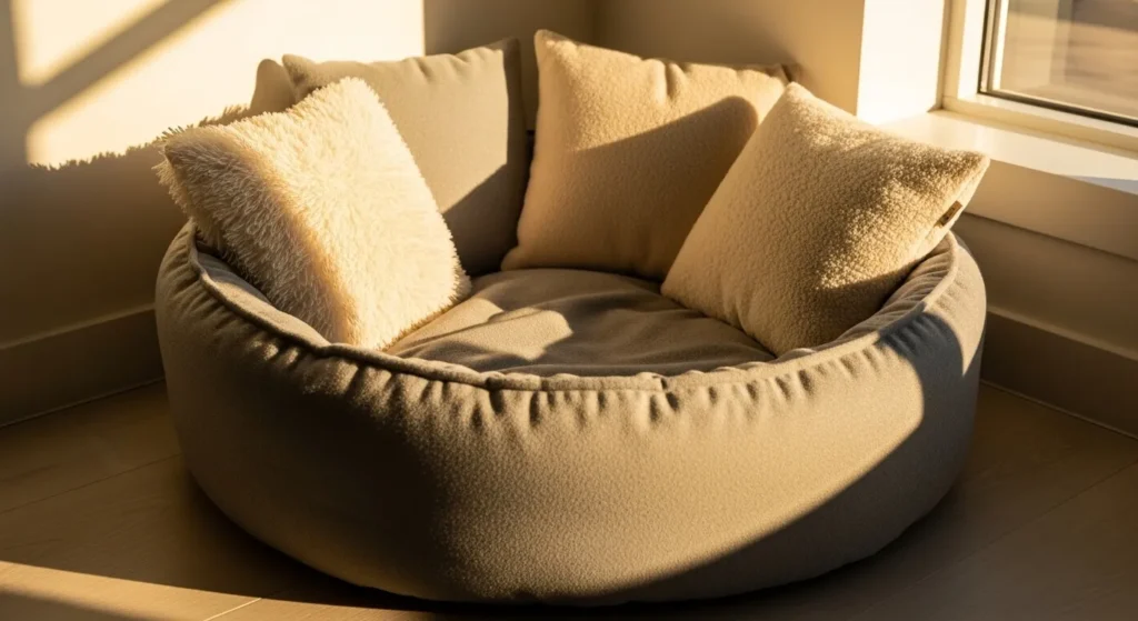 Cozy cat bed with pillows in a quiet room corner.