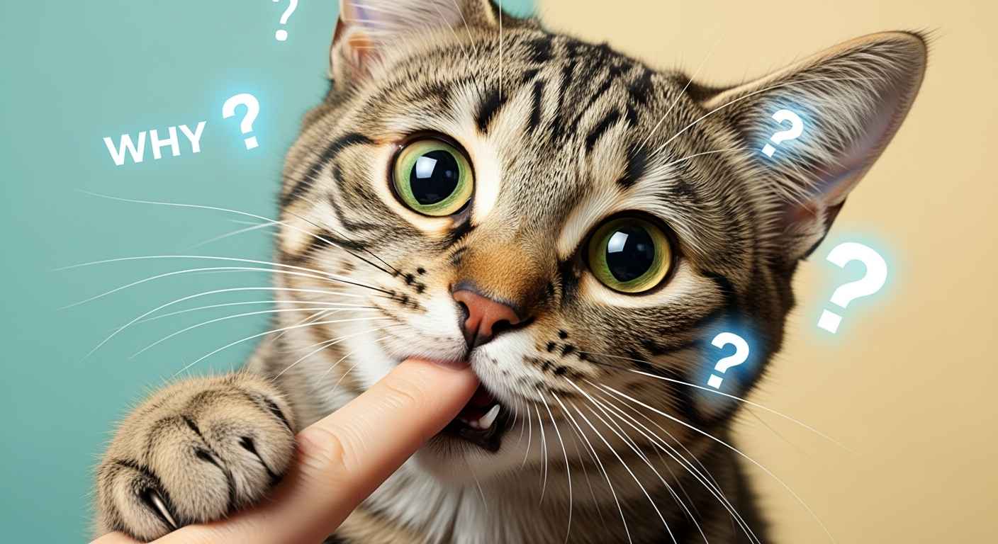 Playful cat biting hand with question marks.