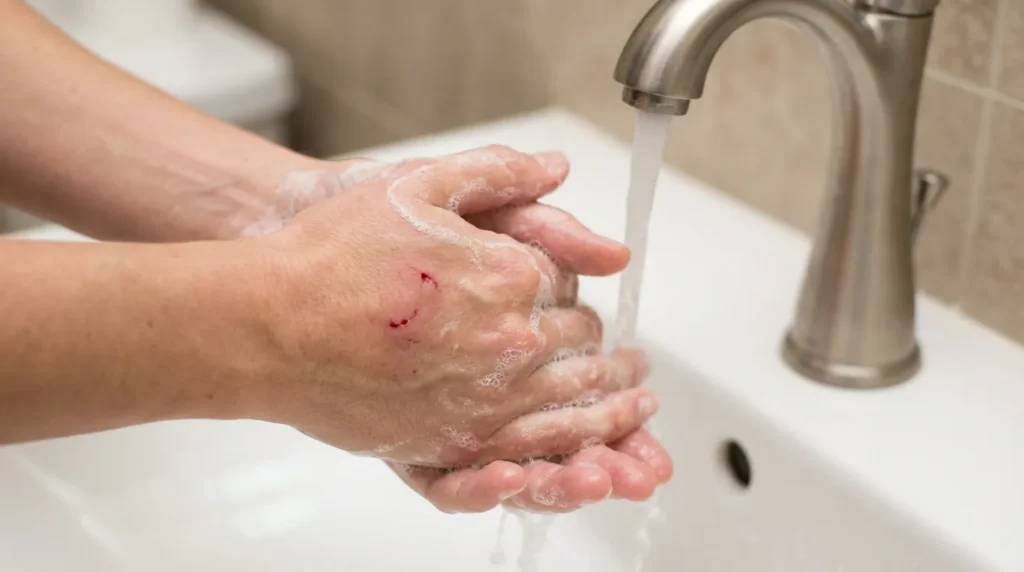 Person washing hand with soap after receiving a cat bite wound