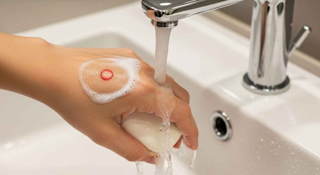 Person washing hand under water after cat bite.