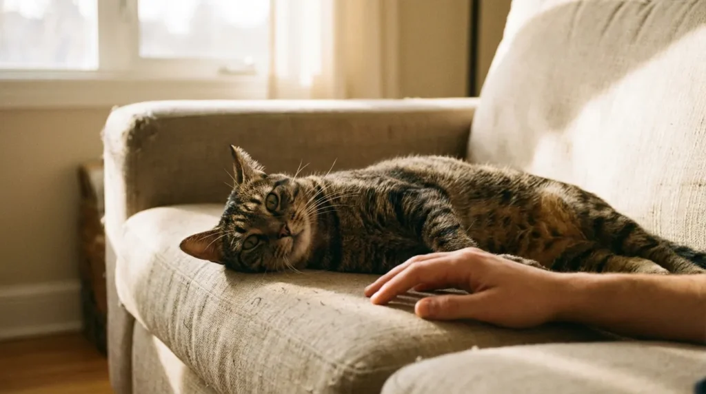 Tabby cat with ears back showing pre-bite warning body language