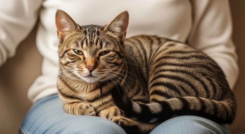Relaxed cat showing happy body language while purring.