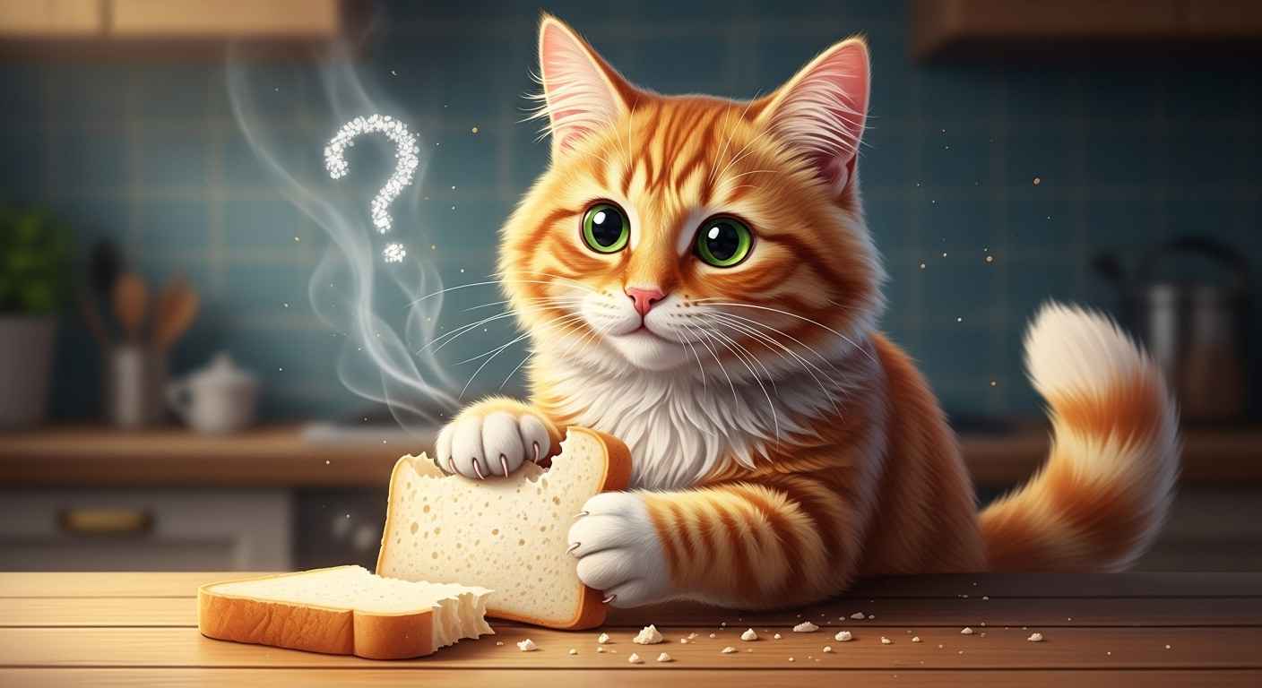 Curious cat pawing at bread slice for pet blog thumbnail.