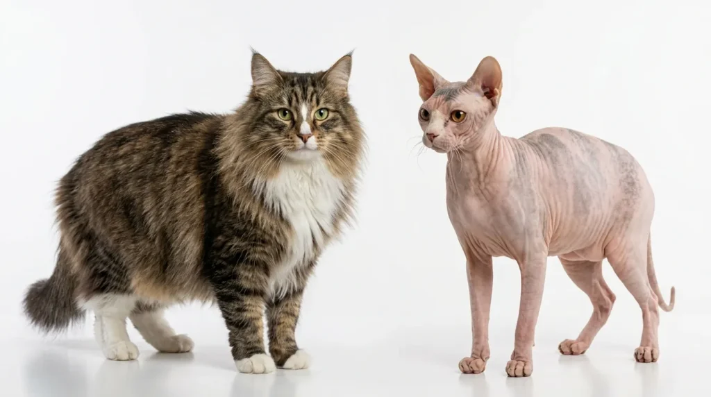 Norwegian Forest Cat with thick fur next to a
hairless Sphynx cat showing breed cold tolerance difference
