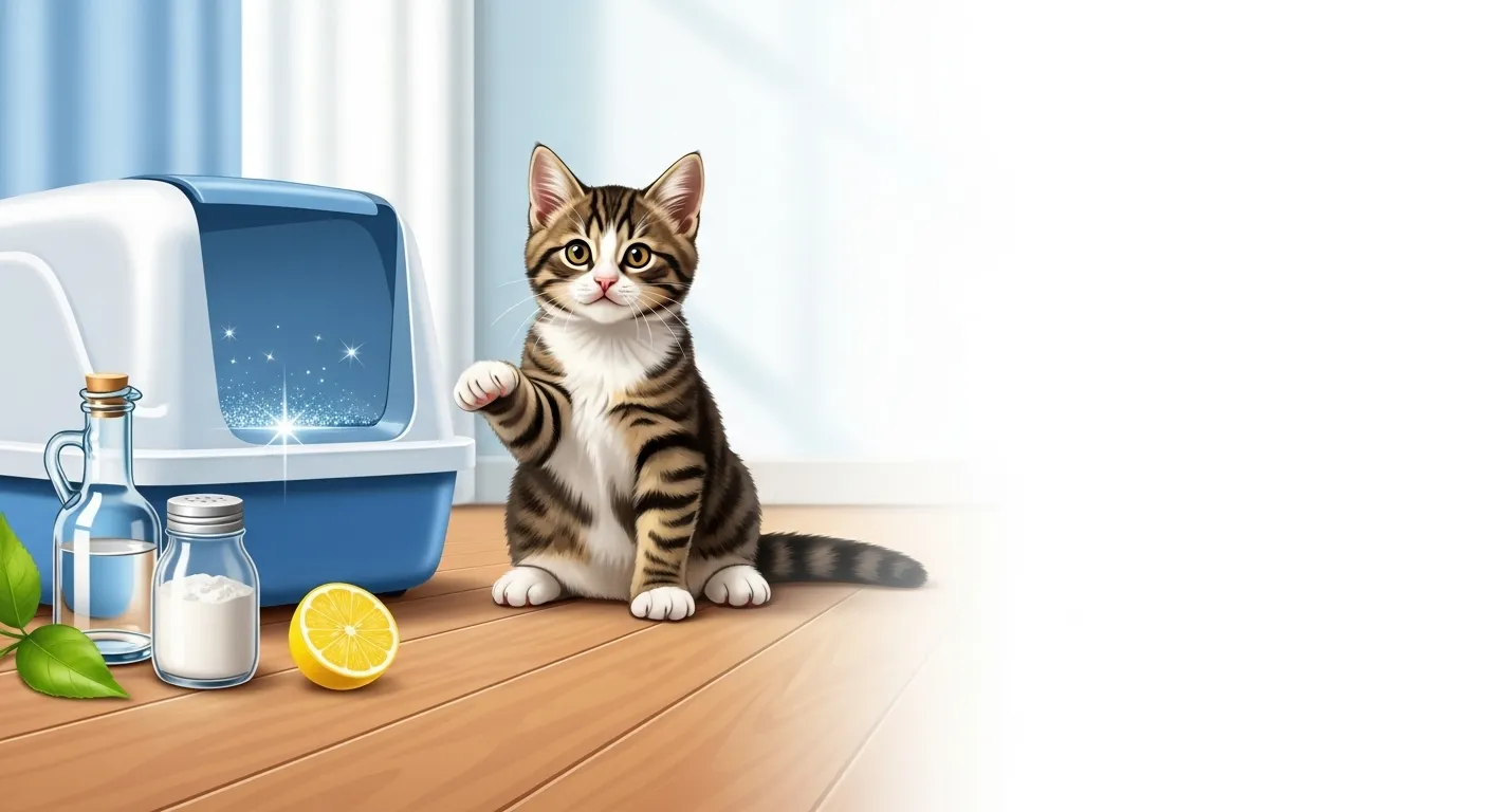 Tabby cat beside vinegar, baking soda, and lemon for cleaning tips.