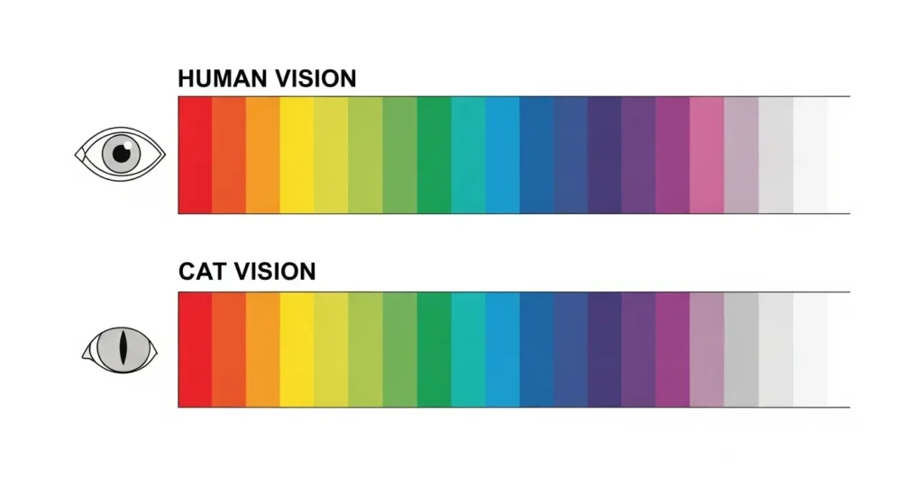 Color spectrum chart highlighting blues and greens cats see well, grayed out reds and pinks they cannot see