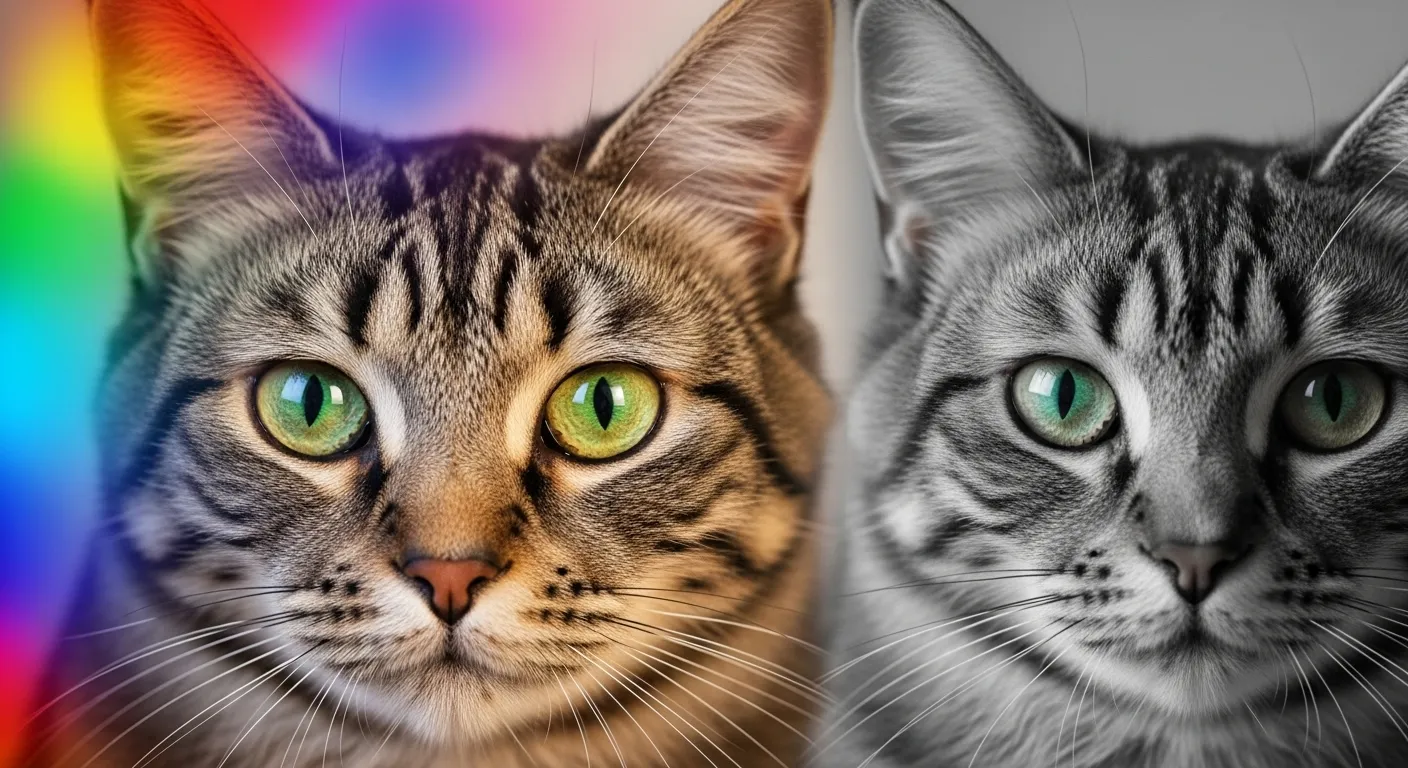 Cat's green eyes with colorful background demonstrating cat vs human color vision differences
