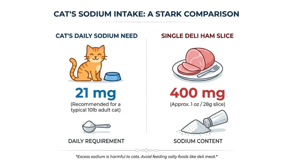  Infographic comparing cat daily sodium requirement vs sodium in deli ham