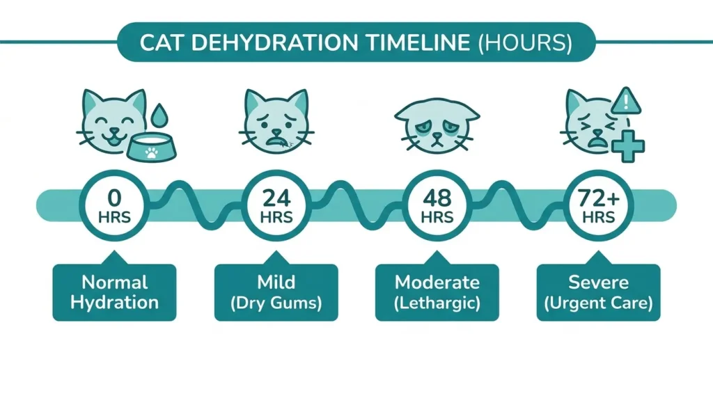 Infographic showing cat dehydration timeline from 0 to 72 hours
