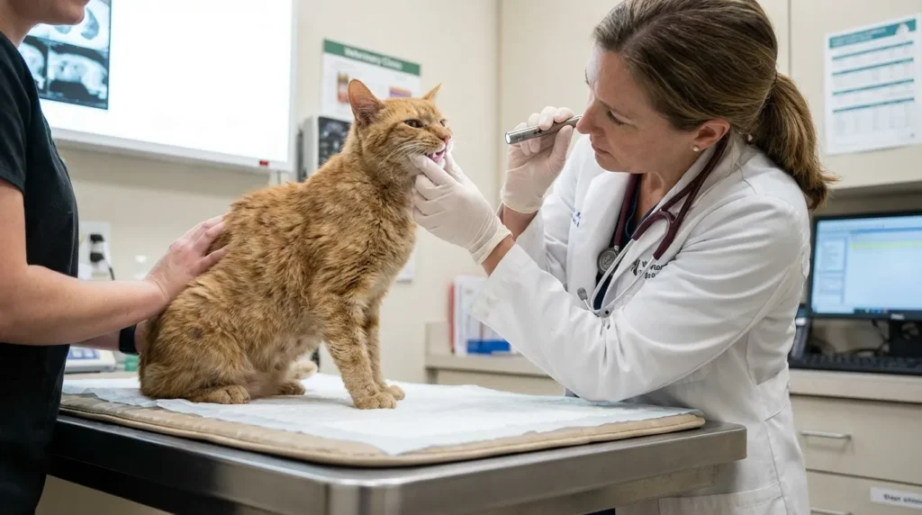 Veterinarian examining a cat's mouth to check for dental disease causing biting behavior