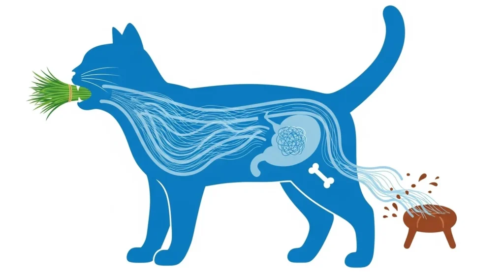 Illustration of cat with grass aiding digestion
