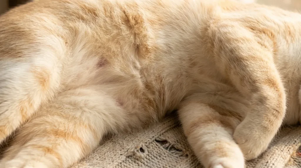 Close-up of a relaxed cat lying on its side showing its belly area