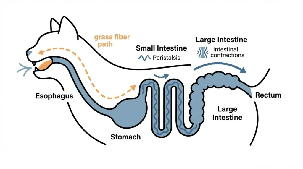 Illustration of a cat digestive system showing how grass fiber moves through the gut