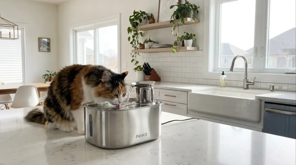 Cat drinking from a stainless steel circulating water fountain