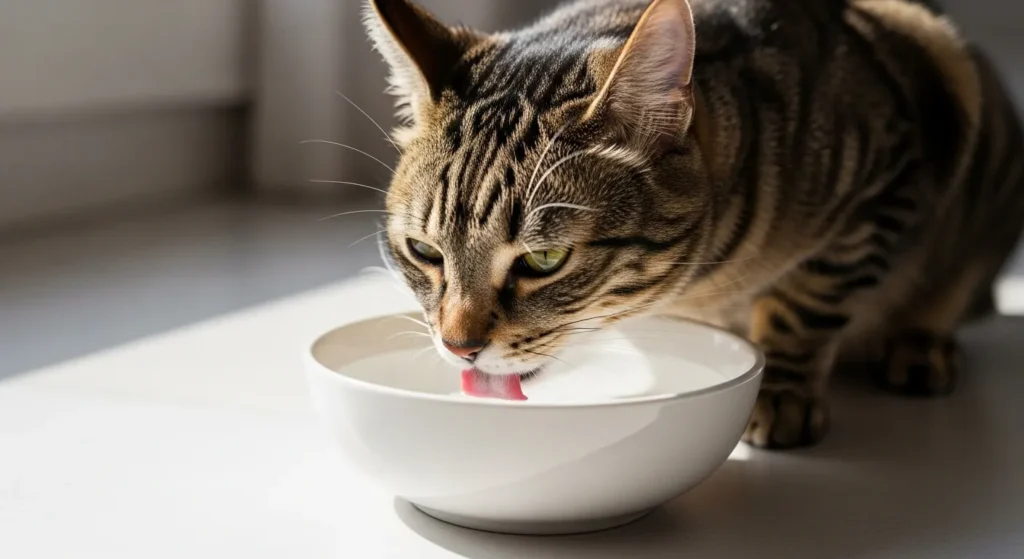 Cat drinking fresh water from bowl