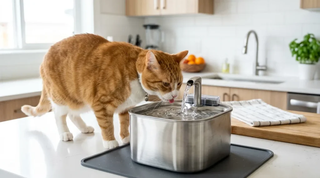 Cat drinking from a stainless steel pet water fountain
